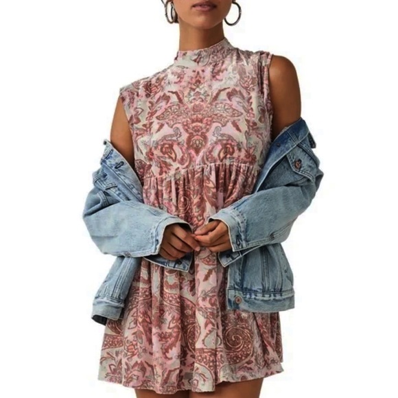 NWT FREE PEOPLE ALL THE TIME VELVET MINI PINK FLORAL PRINT DRESS LARGE - Picture 4 of 8